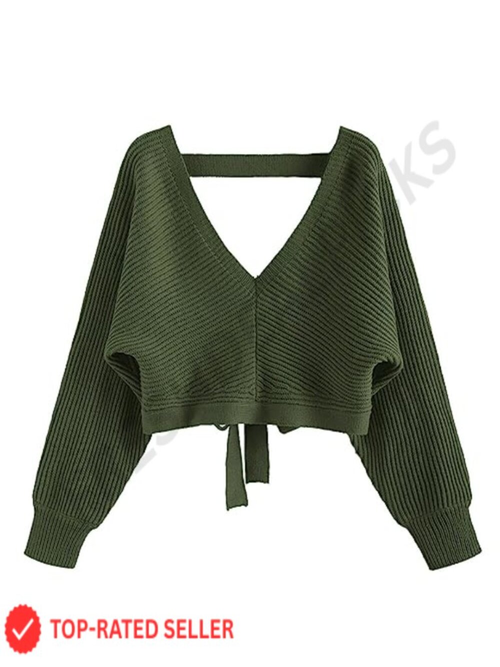 Cropped Ribbed Knit Sweater Pullover Deep V Back Tie Back Batwing Sleeve
